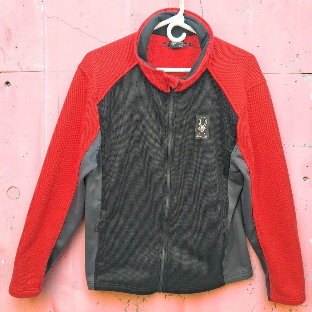 Spyder Medium Full Zip Sweater Fleece Jacket Red Black Waffle Knit Spider Logo